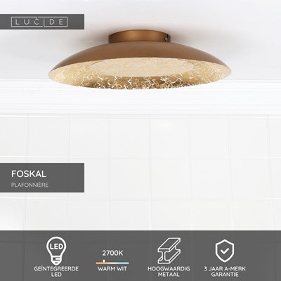 Lucide FOSKAL - Plafonnière - Ø 34,5 cm - LED - 1x12W 2700K - Messing
